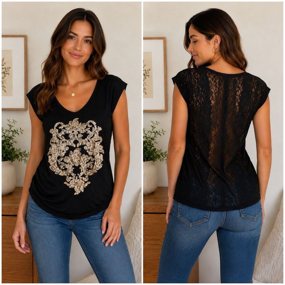 Express Women's Black Lace Back Gold Sequin Front Cap Sleeve Top Small